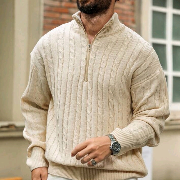 Men's Solid Color Front Zip Up Long Sleeve Casual Sweater - Picture 2 of 6